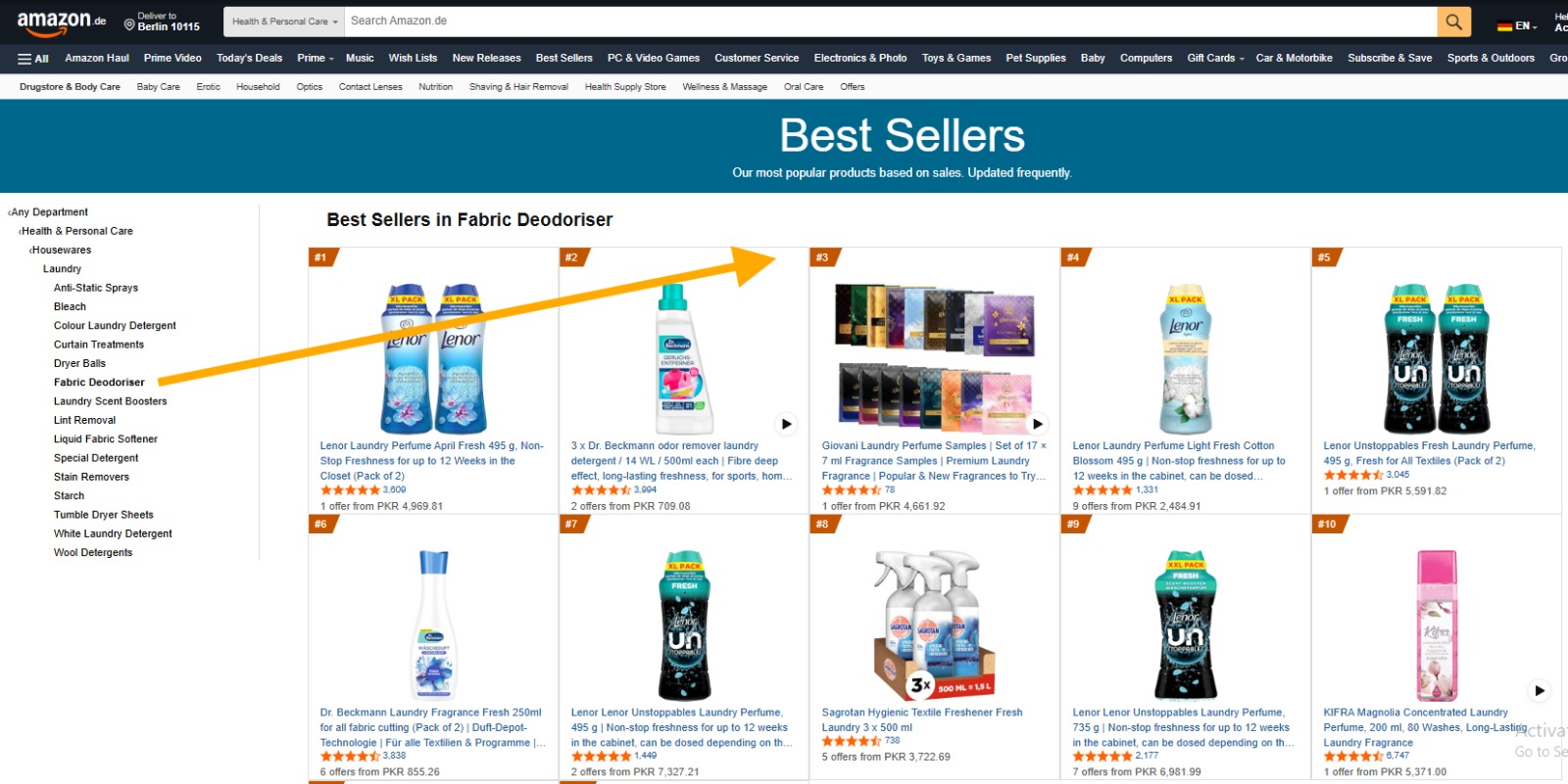Screenshot of Amazon.de Best Sellers in Fabric Deodoriser showing Giovani at position #3